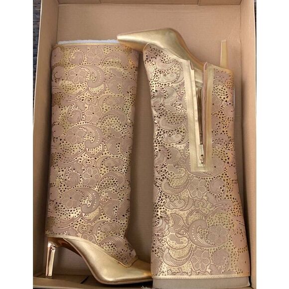Jessica Simpson BRYKIA2 Gold Hollow Out Pointed Toe Knee High Western Boots - Picture 4 of 12